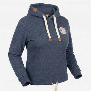 Wanakome Womens M Hoodie Sweatshirt Mixed Media Striped Patch Adventure Canada